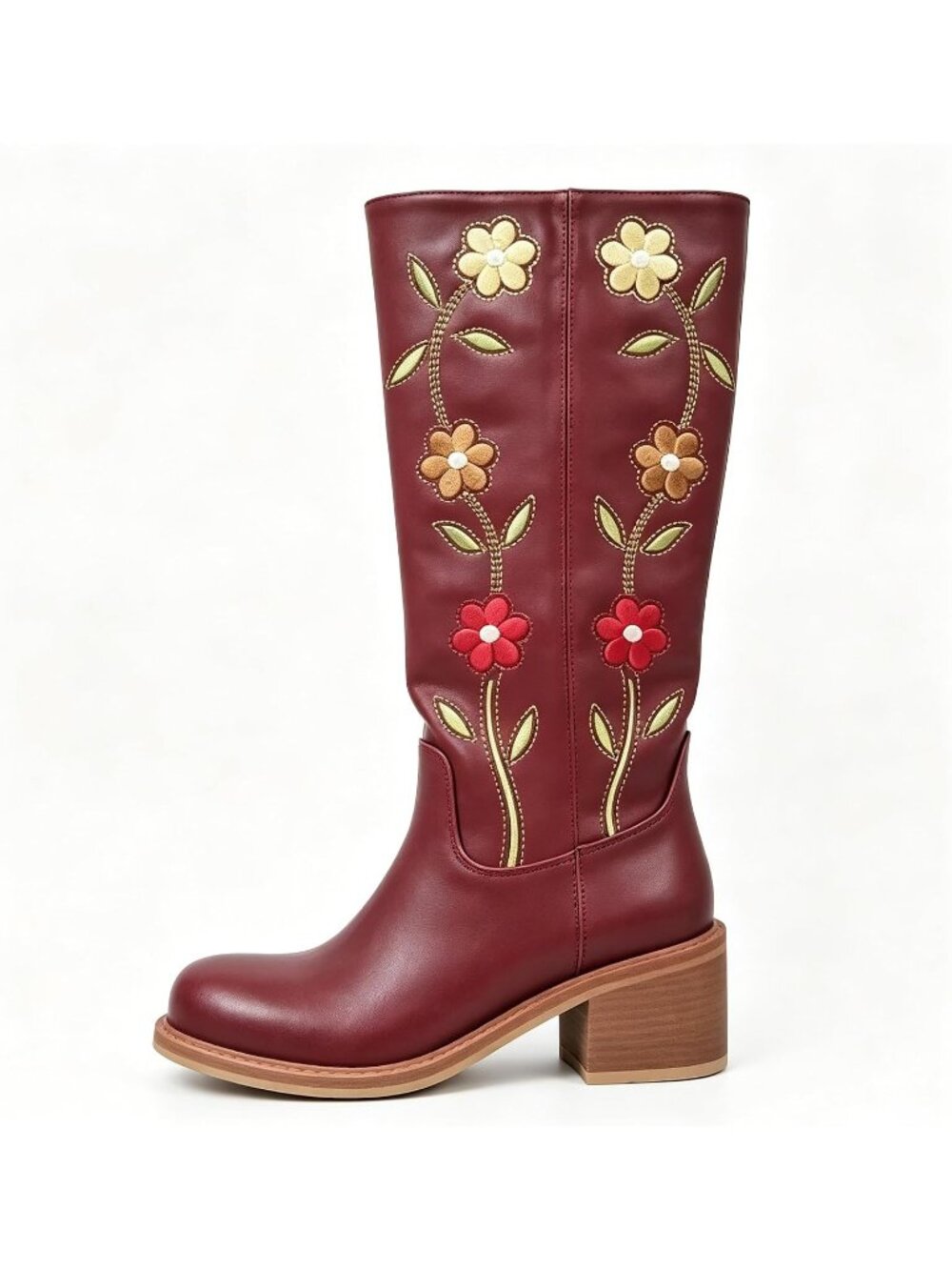 Women's Burgundy Floral Embroidered Western Mid Calf Square Heel Cowgirl Boots - Picture 5 of 6